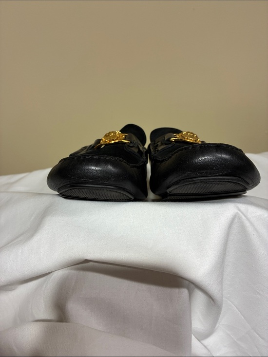 Versace Gold Medusa Black Suede & Patent Leather Loafers with Gold Hardware